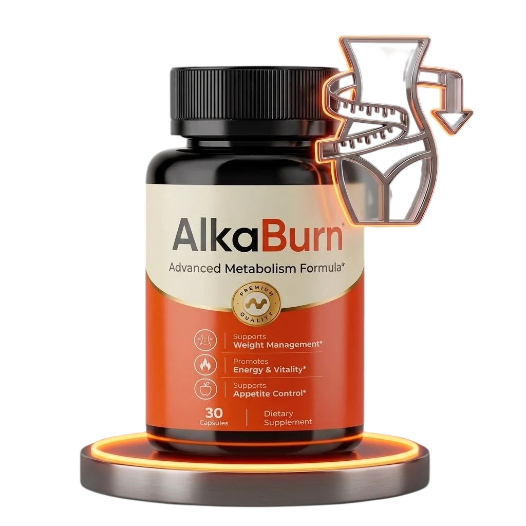 AlkaBurn metabolism capsule bottle on a lit pedestal beside a tape-measure and downward-arrow weight loss motif