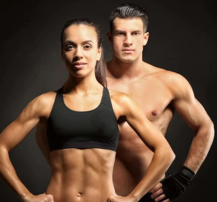 Two lean, athletic adults, the physique goal this category markets