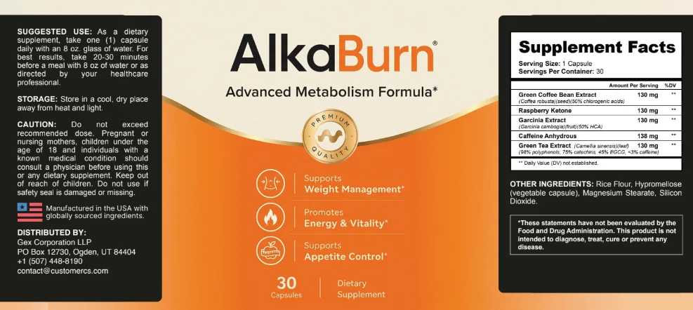AlkaBurn Supplement Facts panel listing the five active ingredients and the amount of each per capsule