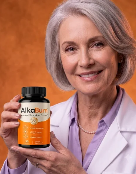Woman holding a bottle of AlkaBurn metabolism capsules