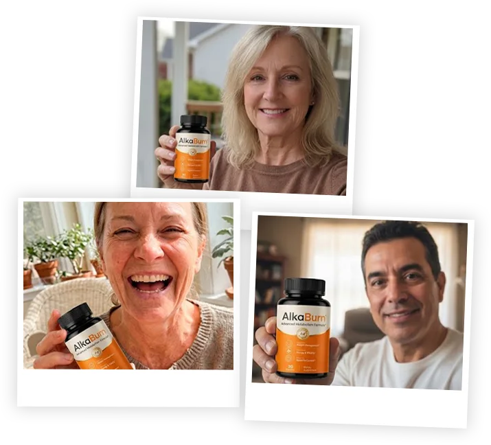 Collage of AlkaBurn customers holding their bottles, mobile layout
